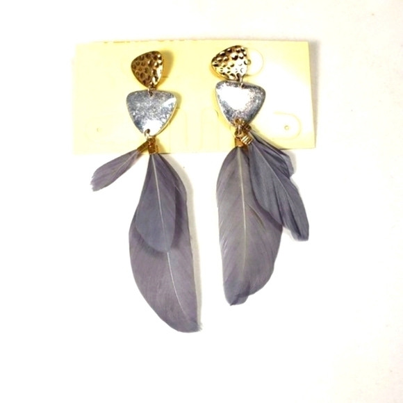 Women’s Two-Tone Feather Drop Dangle Earrings – 3" Stylish Statement Jewelry - Picture 3 of 7